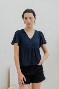 Emi Textured Eyelet Top In Navy (XS)