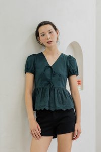 Tilly Tie Ribbon Eyelet Top In Emerald (XS)