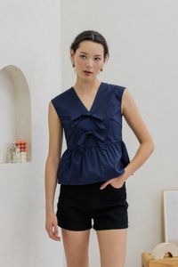 Posie V Neck Ribbon Peplum Top In Navy
