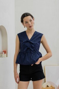 Posie V Neck Ribbon Peplum Top In Navy