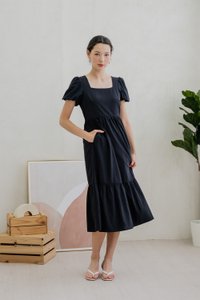 Theresa Texture Puffed Sleeve Maxi Dress In Black