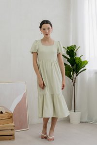 Theresa Texture Puffed Sleeve Maxi Dress In Sage (XS)