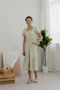 Theresa Texture Puffed Sleeve Maxi Dress In Sage (XS)