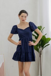 Ellis Eyelet Embroidery Flare Sleeve Dress In Navy