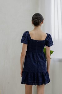 Ellis Eyelet Embroidery Flare Sleeve Dress In Navy