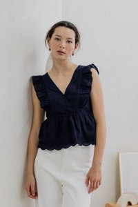 Avril Ribbon Embroidered Ruffle Top In Navy (XS)