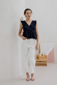 Avril Ribbon Embroidered Ruffle Top In Navy (XS)