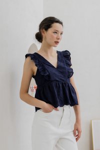 Avril Ribbon Embroidered Ruffle Top In Navy (XS)