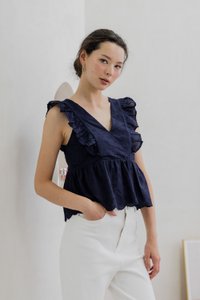 Avril Ribbon Embroidered Ruffle Top In Navy (XS)