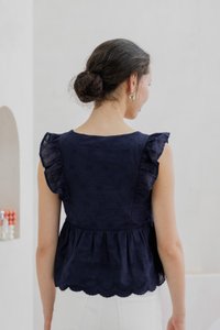 Avril Ribbon Embroidered Ruffle Top In Navy (XS)