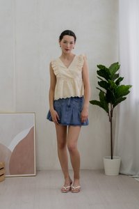 Avril Ribbon Embroidered Ruffle Top In Cream
