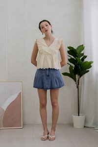 Avril Ribbon Embroidered Ruffle Top In Cream