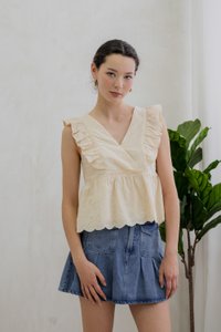 Avril Ribbon Embroidered Ruffle Top In Cream