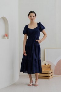 Esther Eyelet Puffed Sleeve Maxi Dress In Navy (XS)
