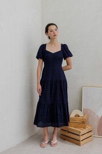 Esther Eyelet Puffed Sleeve Maxi Dress In Navy (XS)