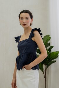 Belinda Eyelet Hem Babydoll Top In Navy