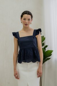 Belinda Eyelet Hem Babydoll Top In Navy