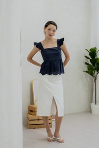 Belinda Eyelet Hem Babydoll Top In Navy