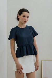 Tera Textured Flare Sleeve Top In Navy (XS)