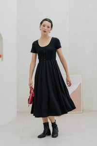 Merliah Mixed Fabric Button Midi Dress In Black (XS)