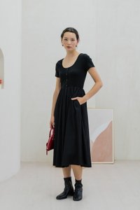 Merliah Mixed Fabric Button Midi Dress In Black (XS)