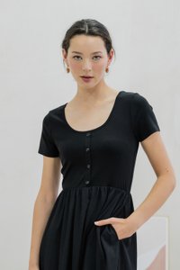 Merliah Mixed Fabric Button Midi Dress In Black (XS)