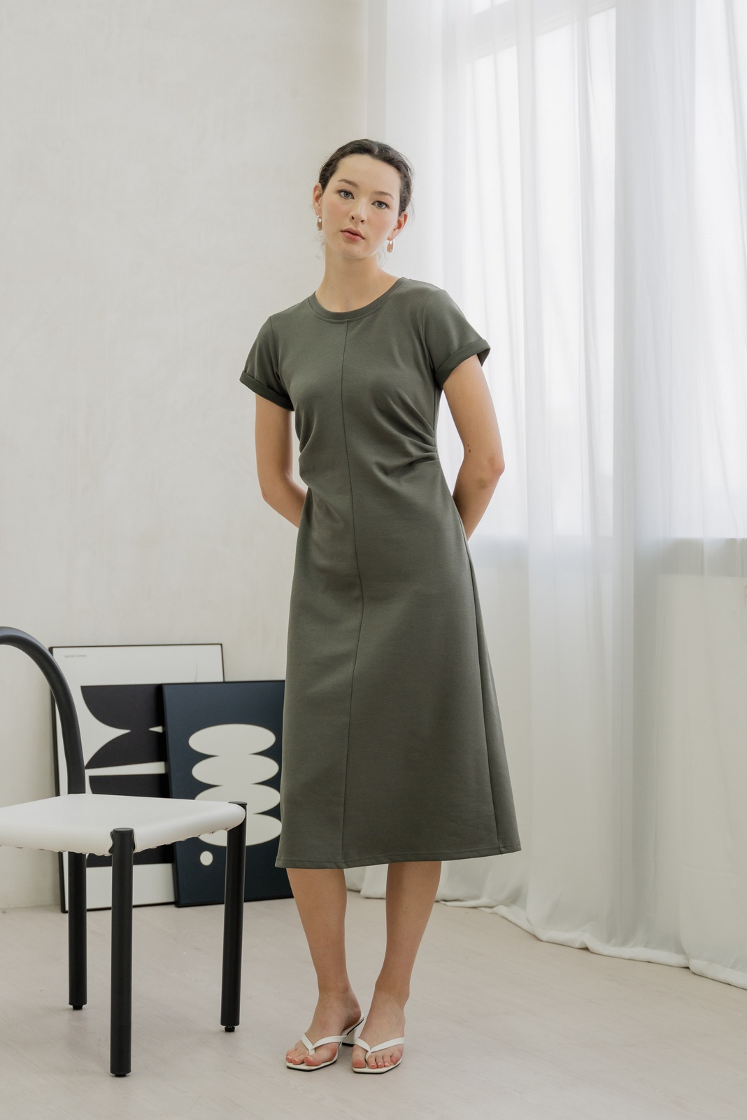 Olive Ruched Midi Dress