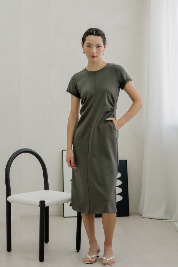 Civa Side Ruched Midi Dress In Olive (XS)