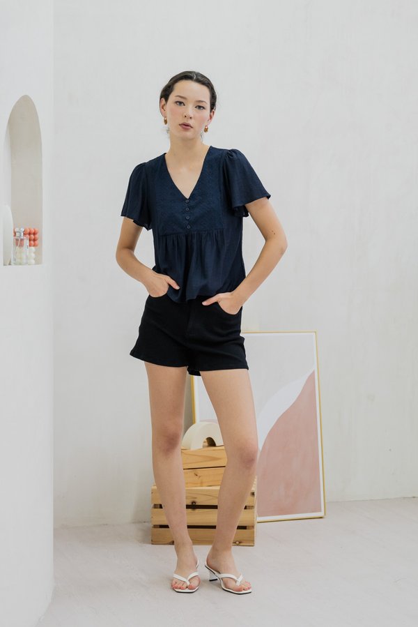 Emi Textured Eyelet Top In Navy (XS)
