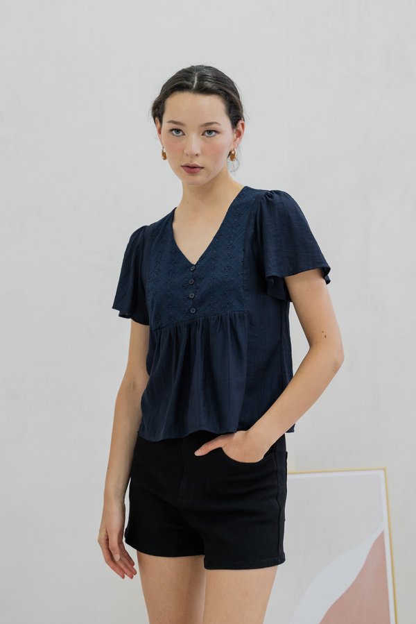 Emi Textured Eyelet Top In Navy (XS)