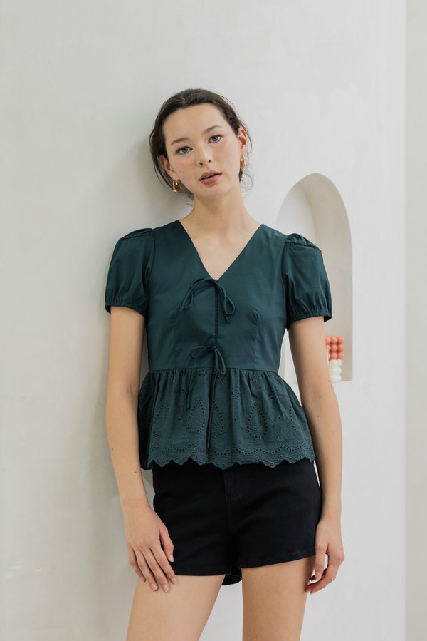 Tilly Tie Ribbon Eyelet Top In Emerald (XS)