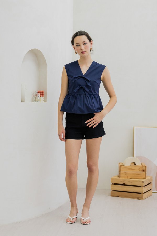 Posie V Neck Ribbon Peplum Top In Navy
