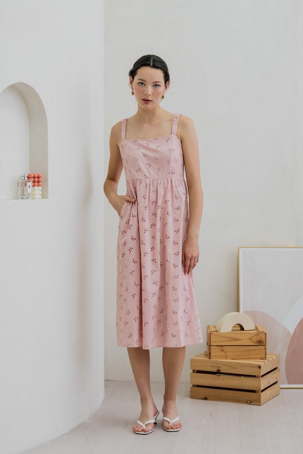 Elle Eyelet Midi Dress In Pink