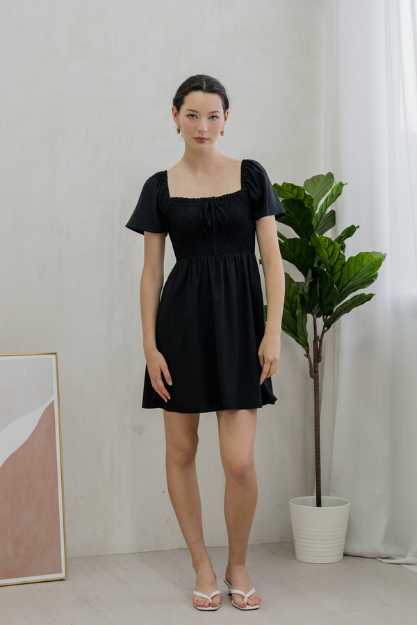 Rowana Ribbon Smocked Dress In Black (XS)