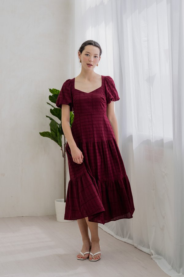 Esther Eyelet Puffed Sleeve Maxi Dress In Wine (XS)