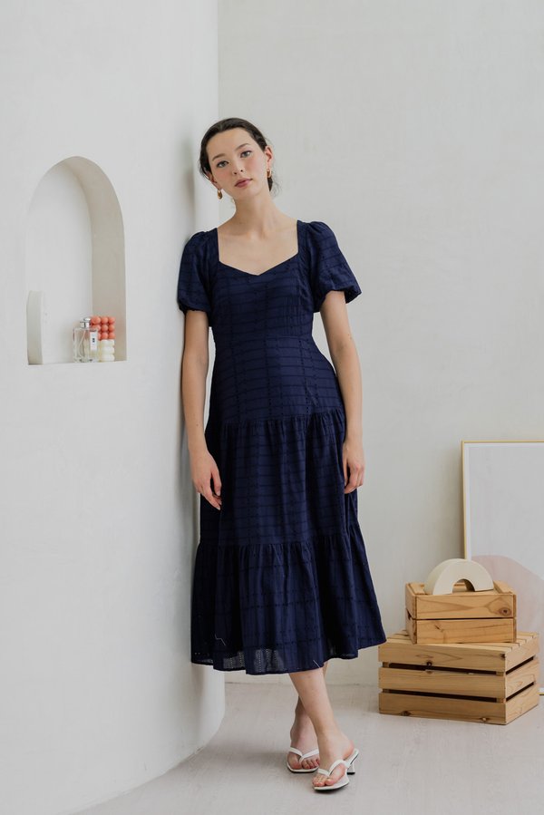 Esther Eyelet Puffed Sleeve Maxi Dress In Navy (XS)