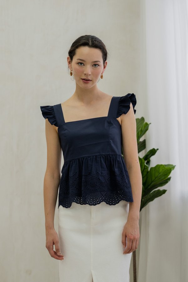 Belinda Eyelet Hem Babydoll Top In Navy