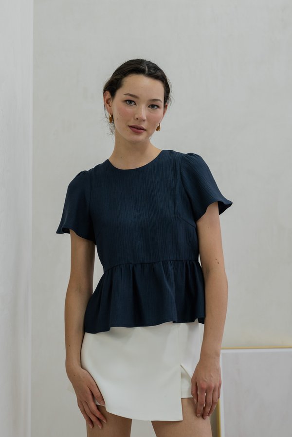 Tera Textured Flare Sleeve Top In Navy (XS)