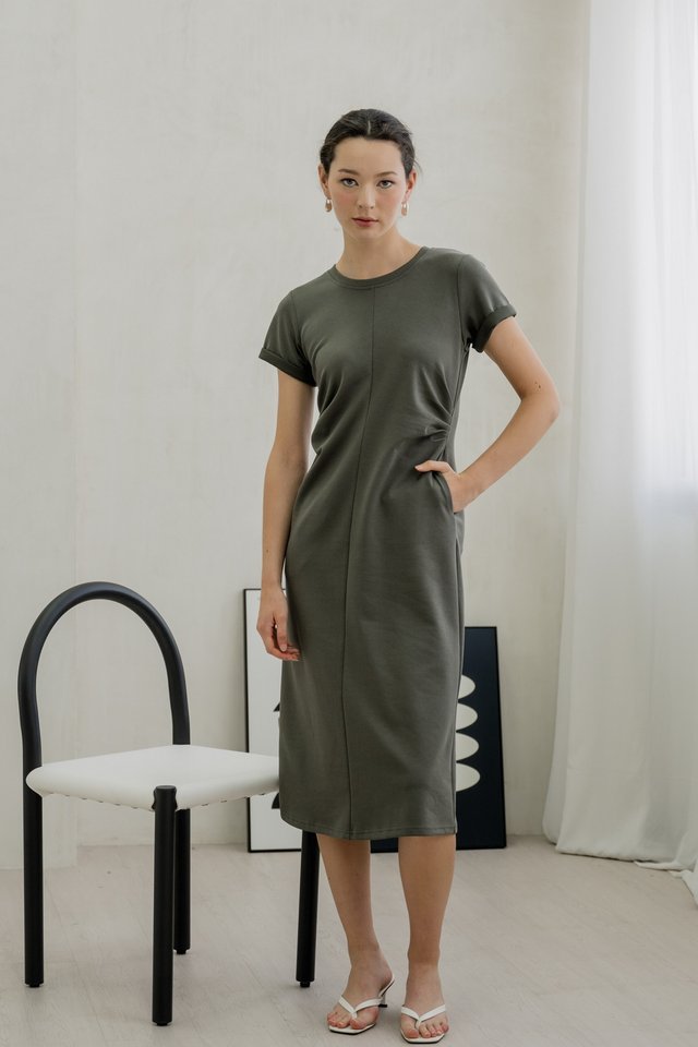 Civa Side Ruched Midi Dress In Olive
