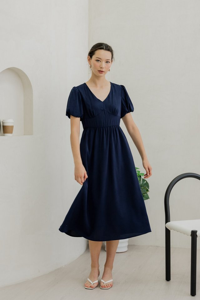 Paisley Puffed Sleeve Empire Midi Dress In Navy