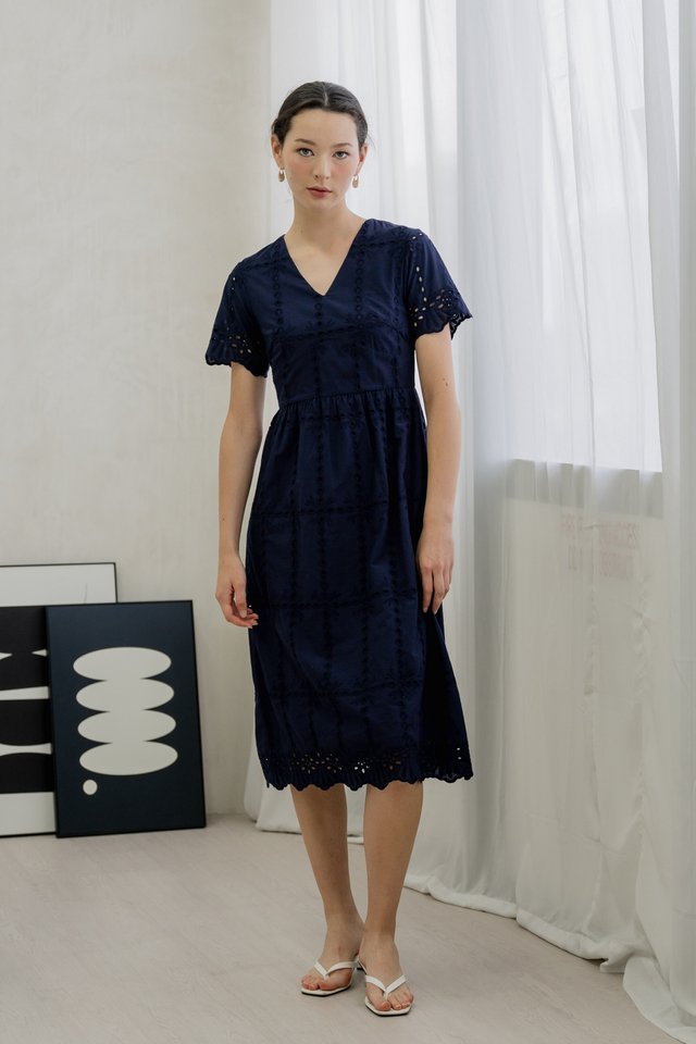 Esme Empire Eyelet Midi Dress In Navy