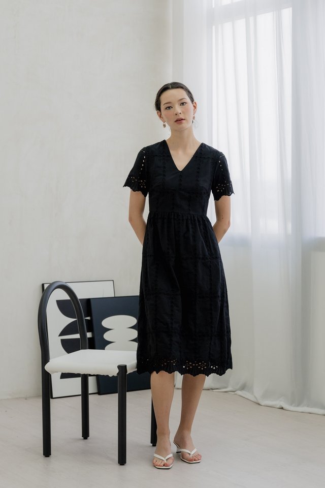 Esme Empire Eyelet Midi Dress In Black