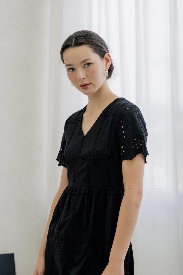 Esme Empire Eyelet Midi Dress In Black