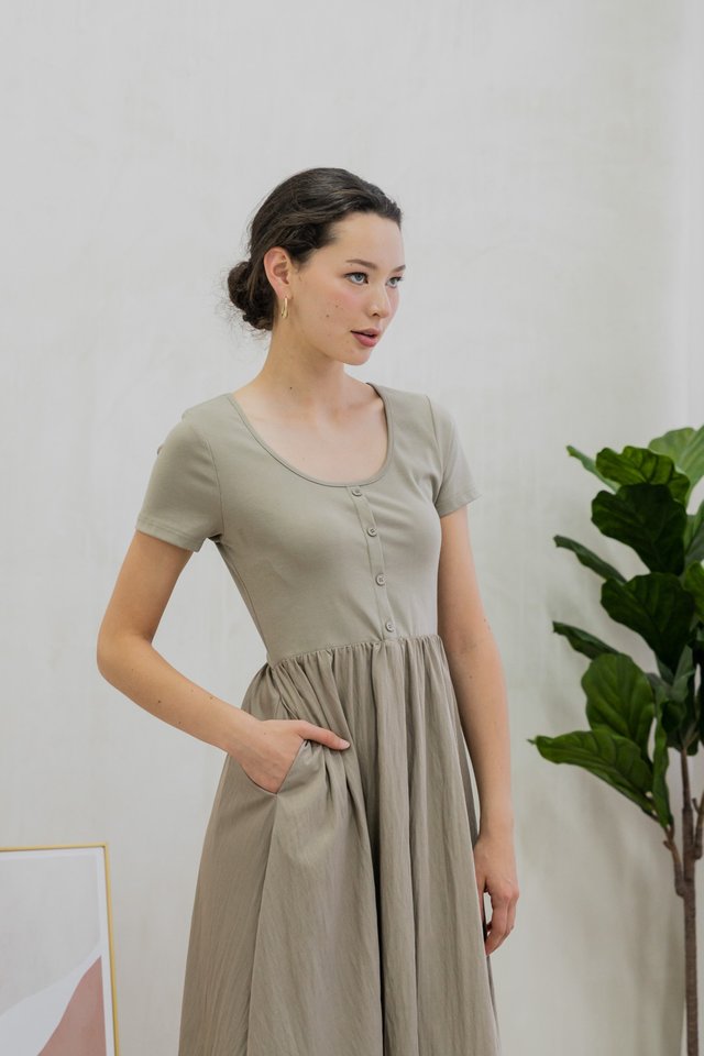 Merliah Mixed Fabric Button Midi Dress In Dusty Olive