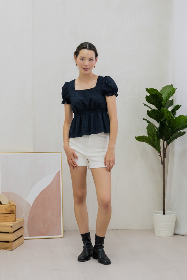 Sora Smocked Waist Eyelet Top In Navy