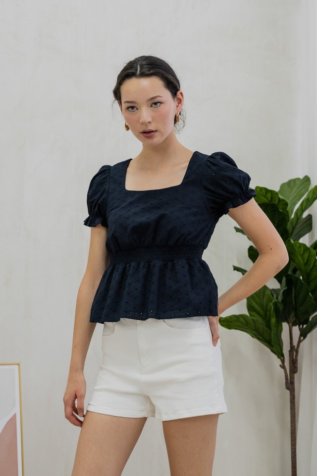 Sora Smocked Waist Eyelet Top In Navy