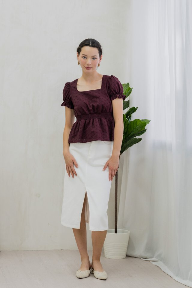 Sora Smocked Waist Eyelet Top In Burgundy