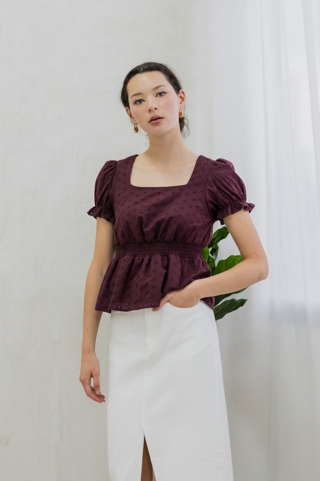 Sora Smocked Waist Eyelet Top In Burgundy