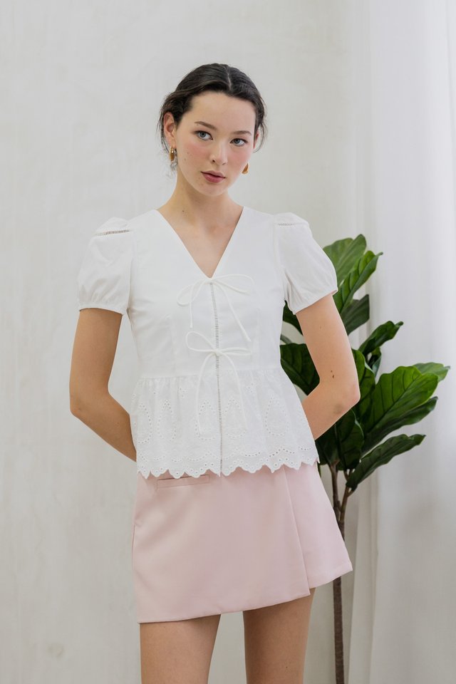 Tilly Tie Ribbon Eyelet Top In White
