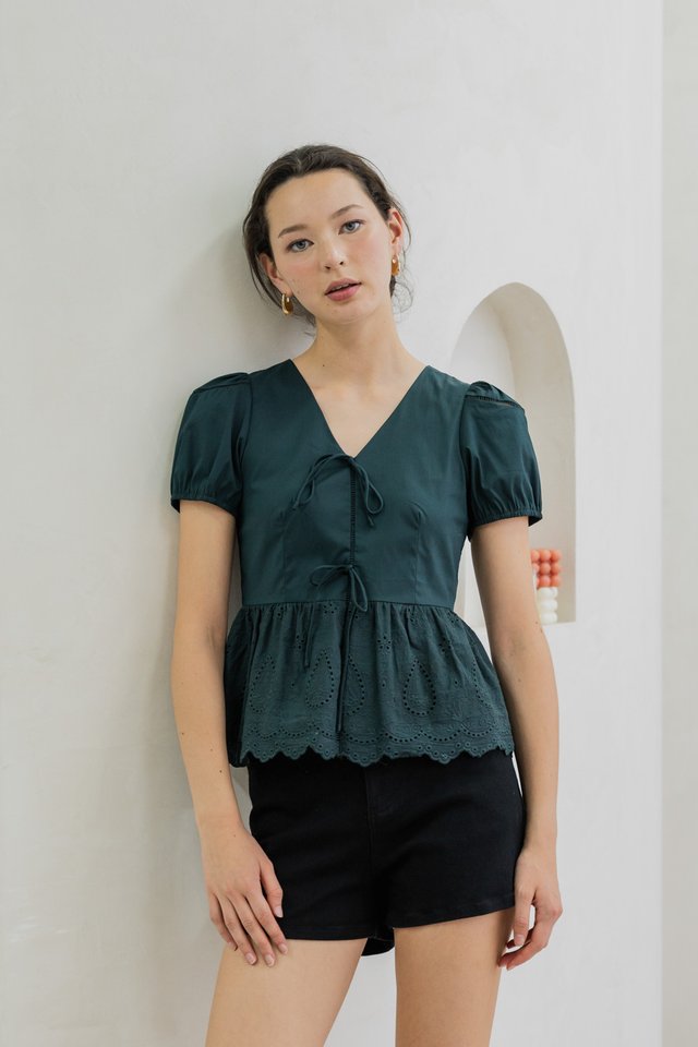 Tilly Tie Ribbon Eyelet Top In Emerald